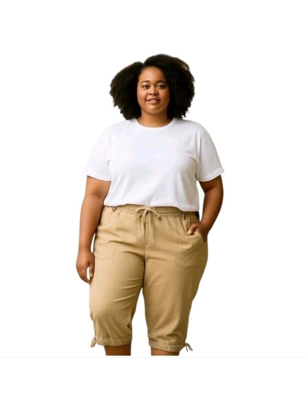 ashley Stewart Linen Blend Tan Drawstring Elastic Waist Capri Pants Size 12